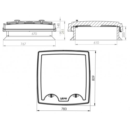 Технический (пожарный) люк VILPE MULTIROOF 200 для битумной кровли 610х610х200 мм, RR 23 – серый графит