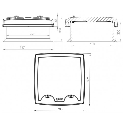 Технический (пожарный) люк VILPE MULTIROOF 300 для битумной кровли 610х610х300 мм, RR 33 – черный