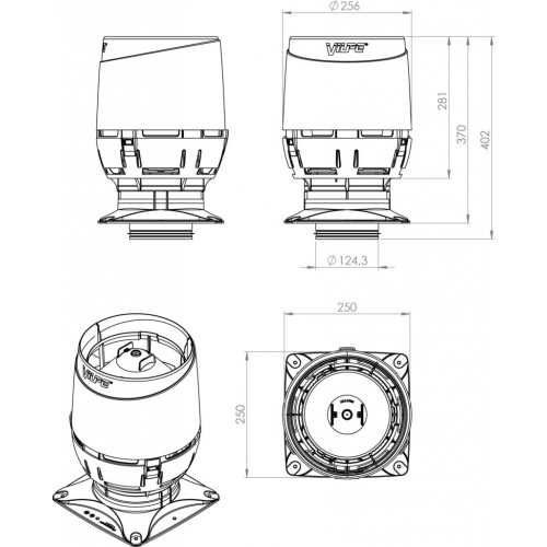 Вентиляционный выход VILPE FLOW 125S с основанием 250x250 для монтажа на шахту, RR 23 – серый графит