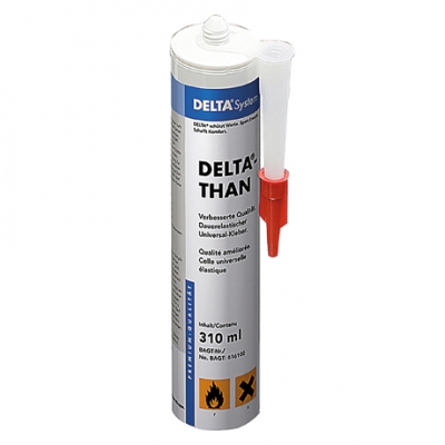 DELTA®-THAN - универсальный клей для соединения гидро- пароизоляционных плёнок в местах нахлёста и примыкания к конструкциям из кирпича, бетона, дерева.